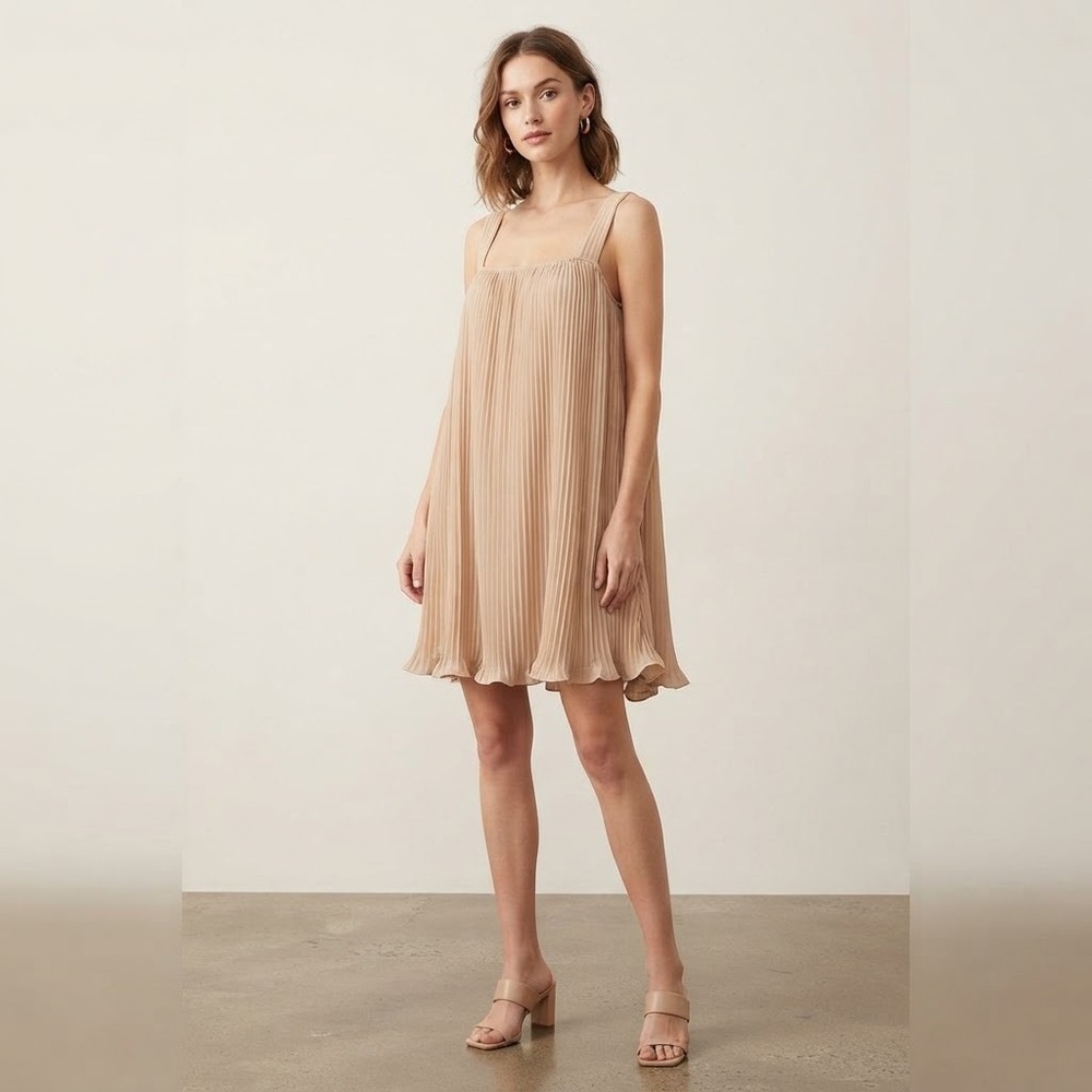 Zara Women's Size Large Blush Pink Pleated Shift Dress Wide Straps Relaxed Fit